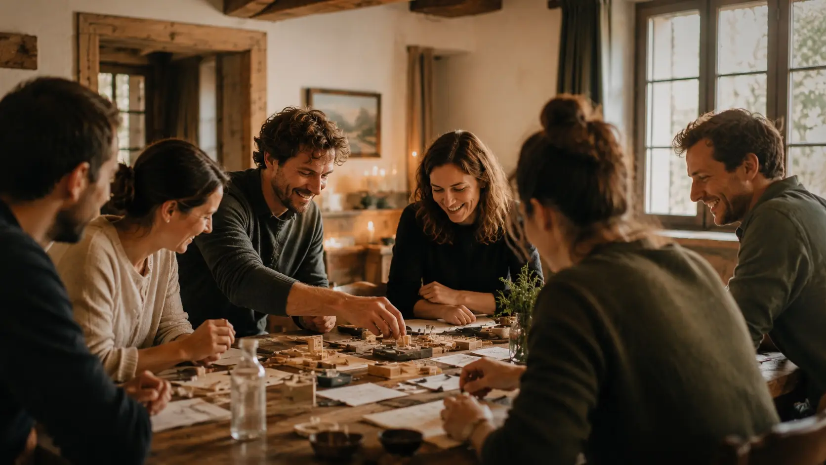 Des collègues jouent et échangent autour d'une grande table en bois lors d'un atelier de team building