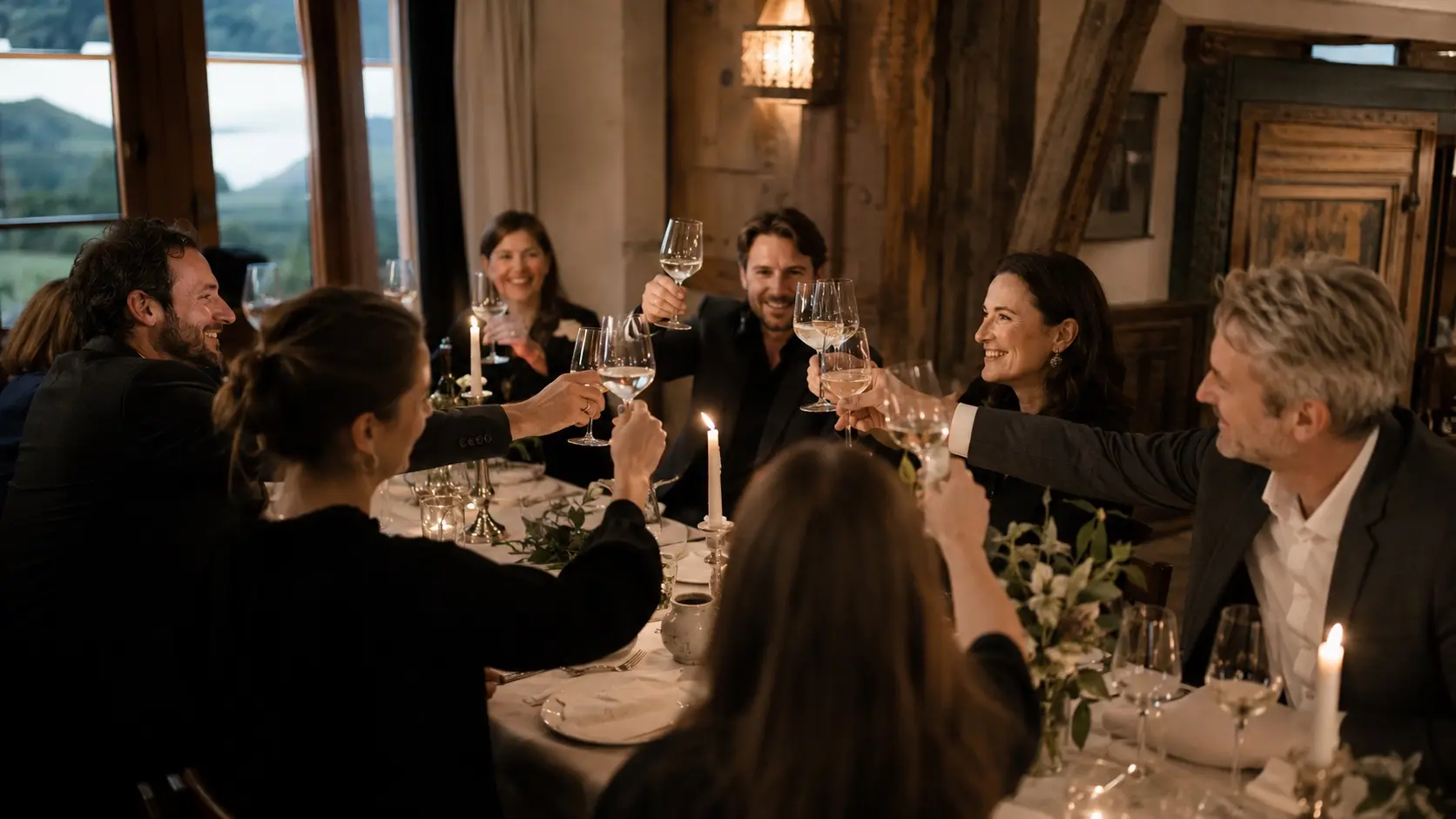 Un dîner d'entreprise aux chandelles, les convives trinquent autour d'une longue table dans un lieu chaleureux