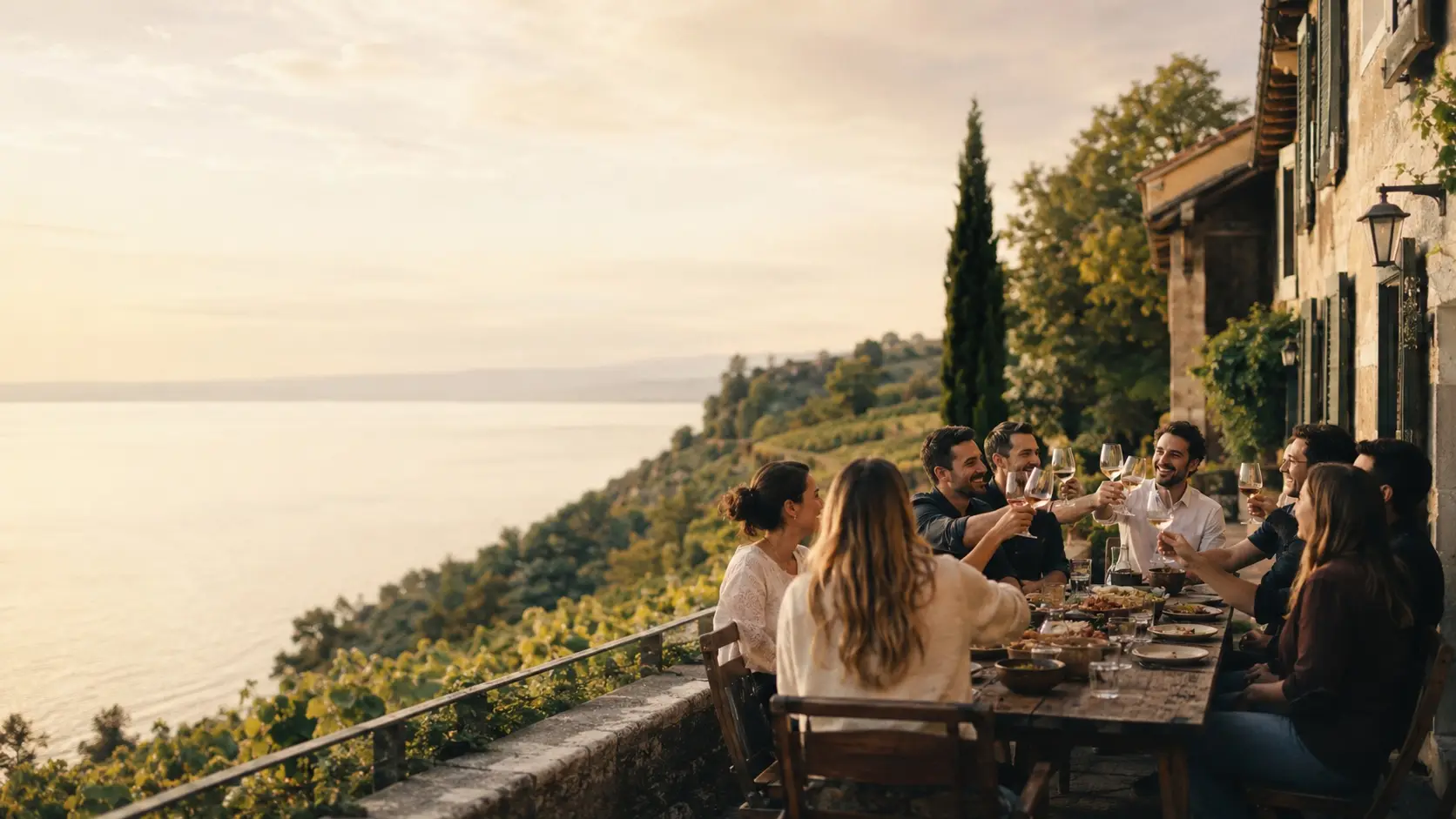 Une équipe d'entreprise partage un apéritif sur une terrasse dominant le lac Léman et les vignes au coucher du soleil