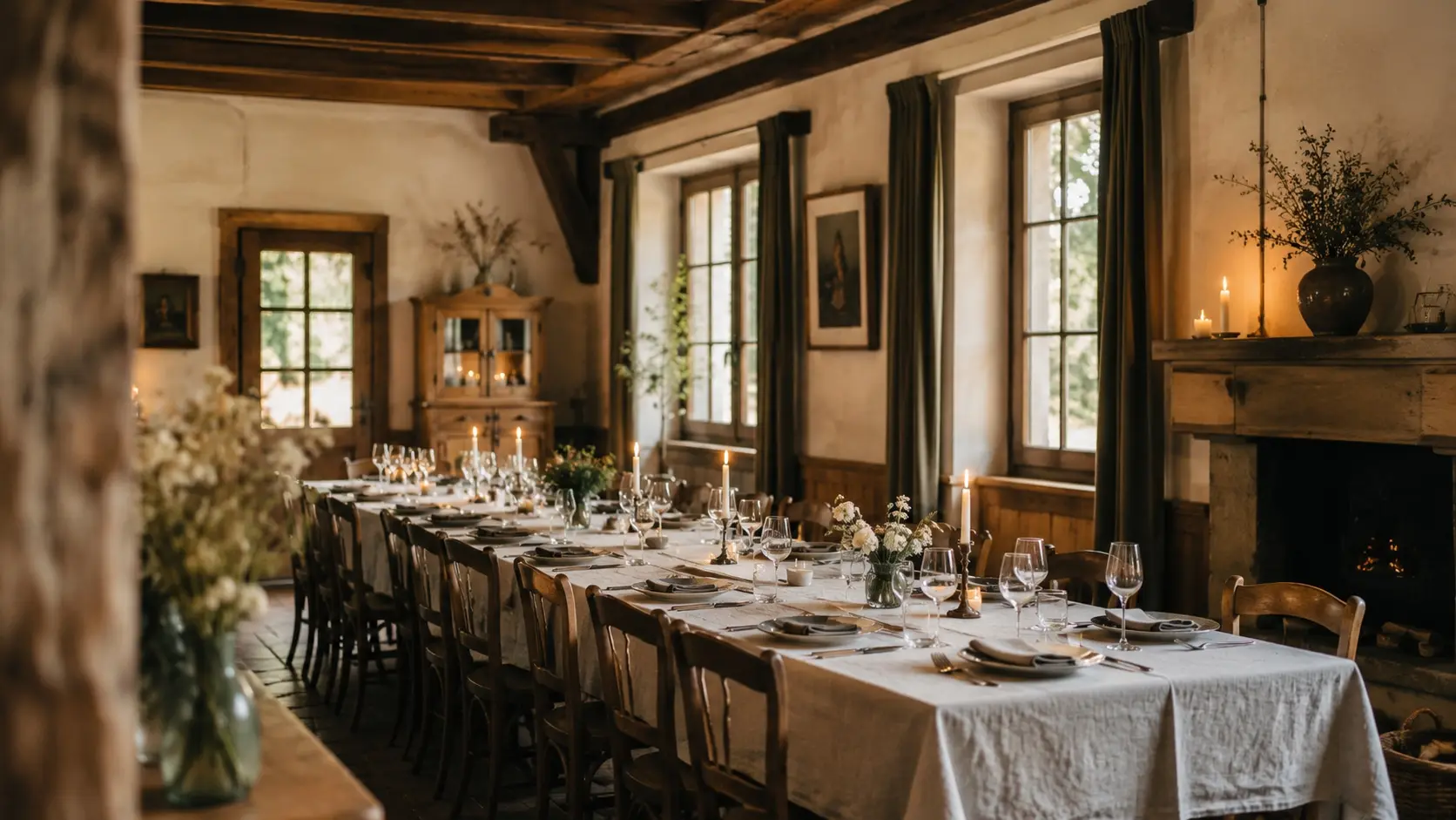 Salle d'une auberge de caractère dressée pour un repas de groupe, longue table, bougies et cheminée